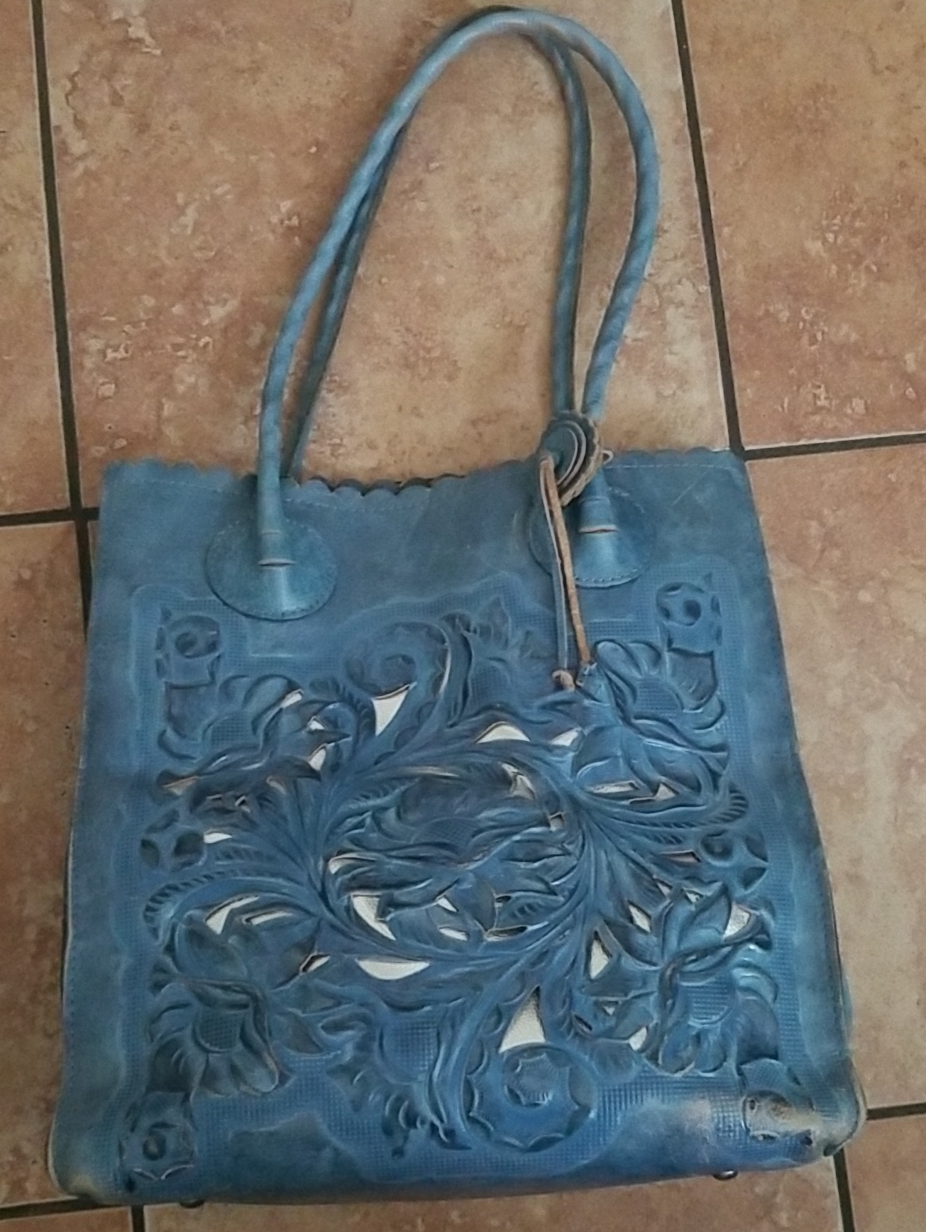 Patricia Nash Blue Floral Cutout Leather Shoulder Bag